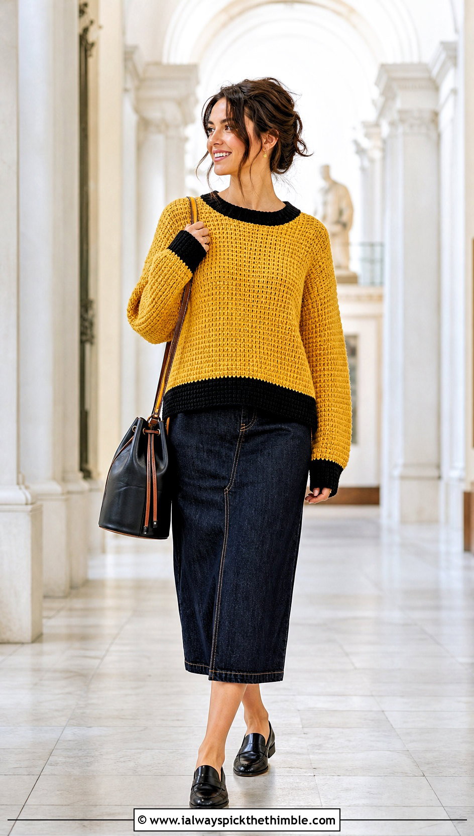 Hufflepuff Tunisian Crochet Sweater With Denim Midi Skirt - 20 Harry Potter Crochet Sweater outfit ideas