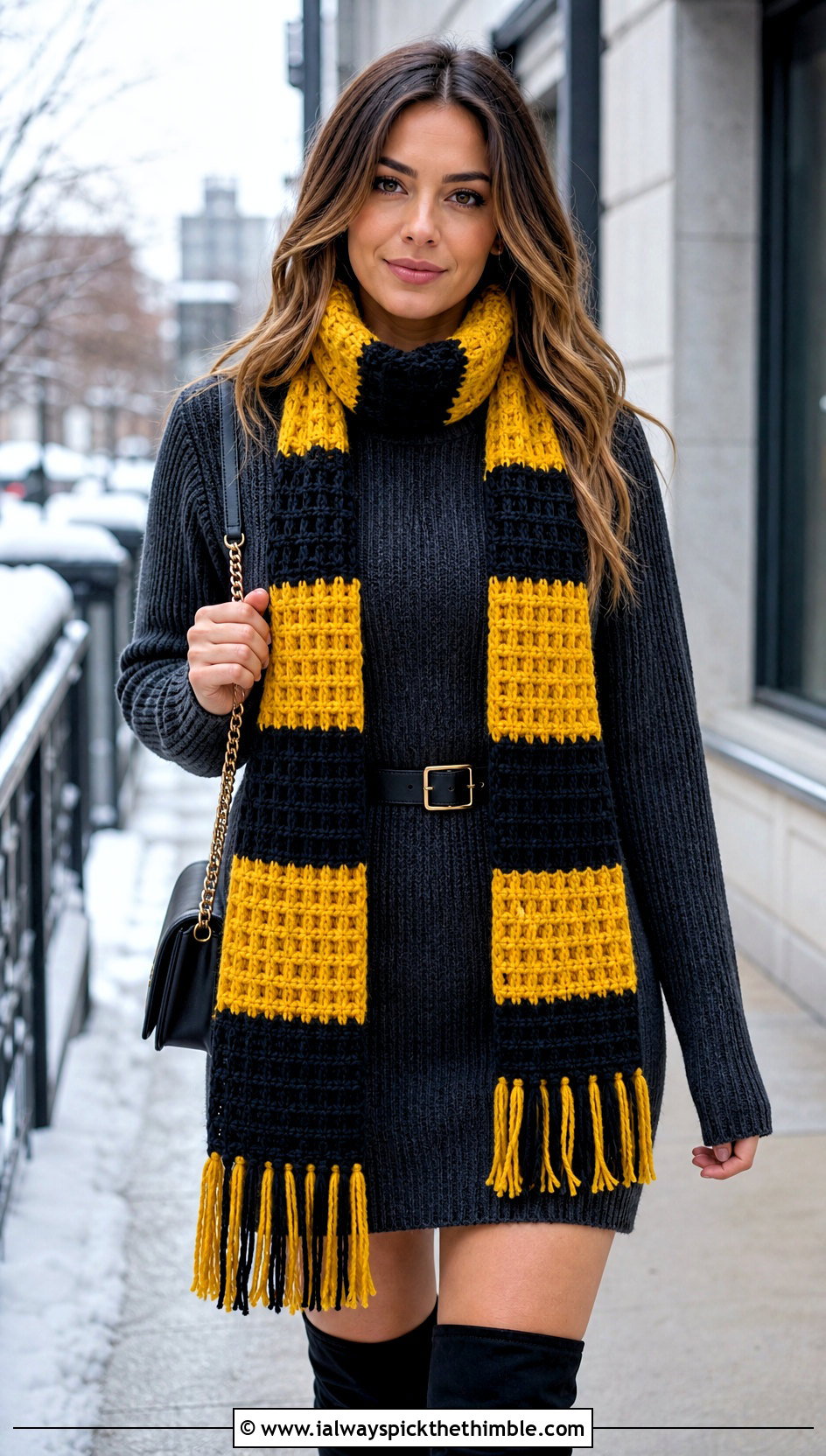 Hufflepuff Waffle Stitch Crochet Harry Potter Scarf With Sweater Dress - 25 crochet harry potter scarf outfit ideas