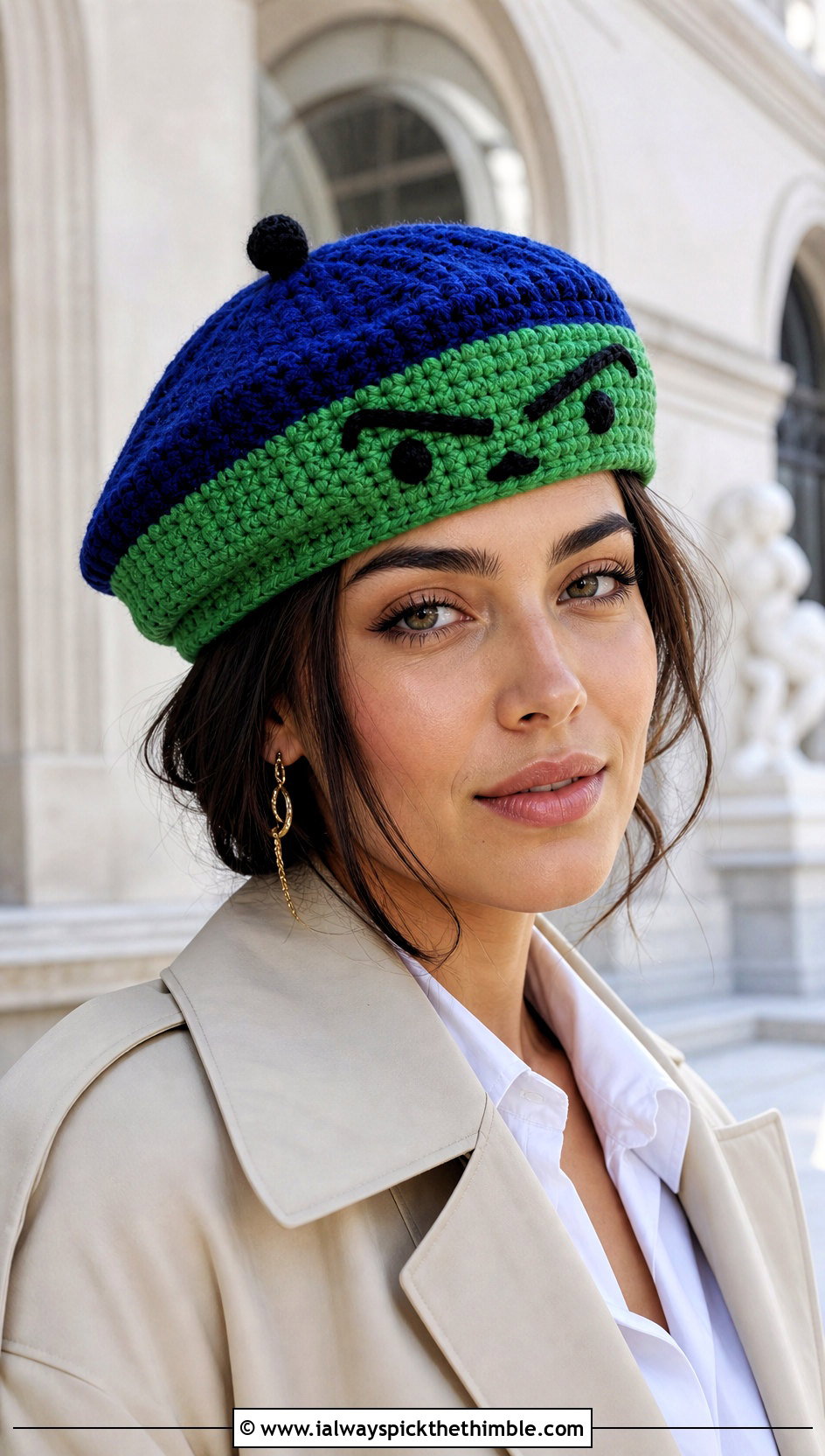 Hulk Crochet Beret With Trench Coat - 20 Hulk Crochet Hat outfit ideas