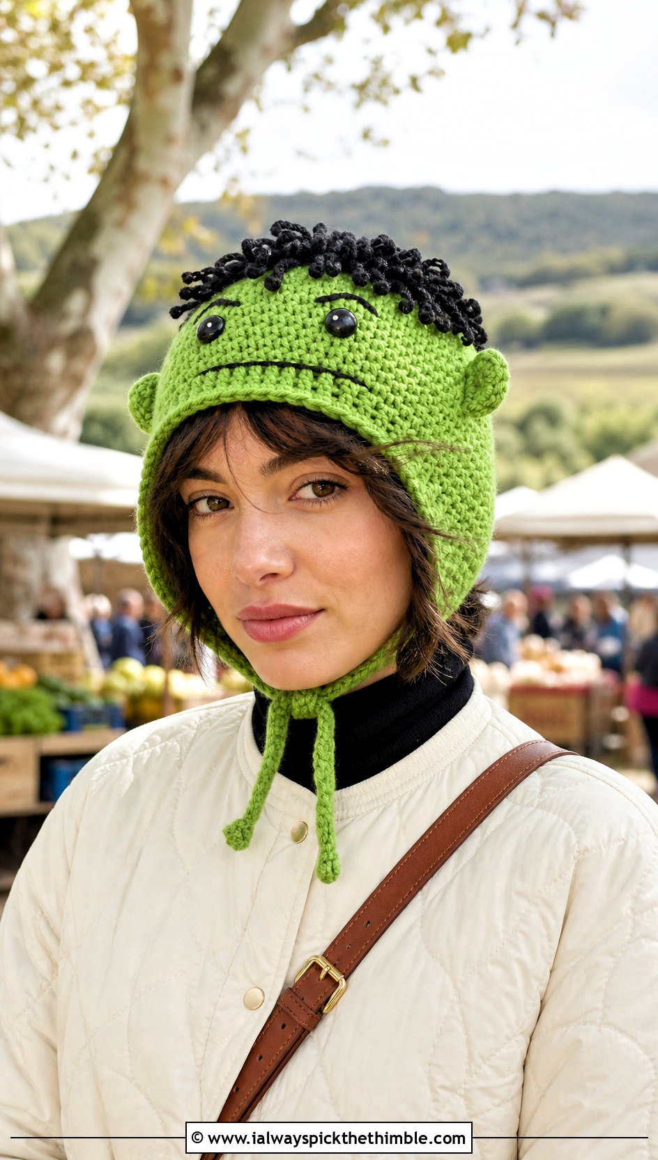 Hulk Crochet Bonnet With Quilted Jacket - 20 Hulk Crochet Hat outfit ideas