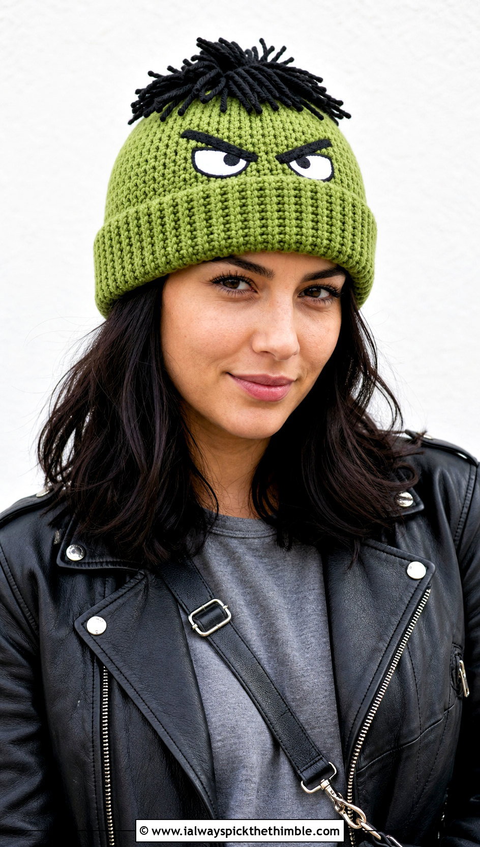 Hulk Cuffed Crochet Beanie With Leather Jacket - 20 Hulk Crochet Hat outfit ideas