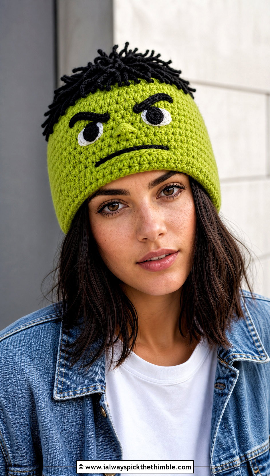 Hulk Face Crochet Beanie With Denim Jacket - 20 Hulk Crochet Hat outfit ideas