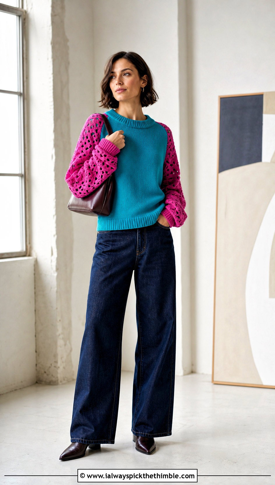 Hybrid Knit And Crochet Sweater With Wide Leg Jeans - 20 Knit And Crochet Sweater outfit ideas