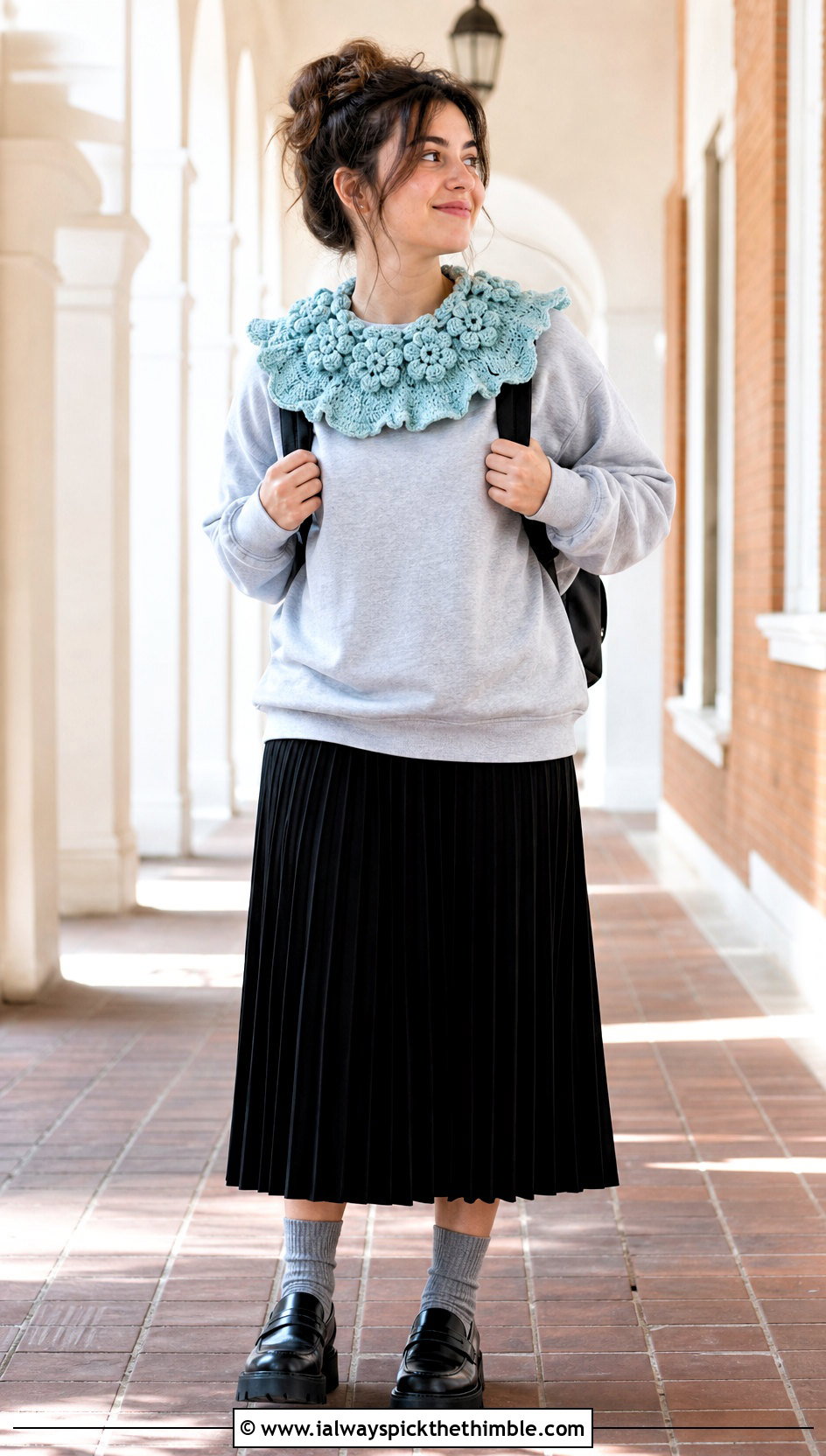 Hydrangea Ruffle Collar With Sweatshirt And Skirt - 15 handmade floral crochet collar outfit ideas