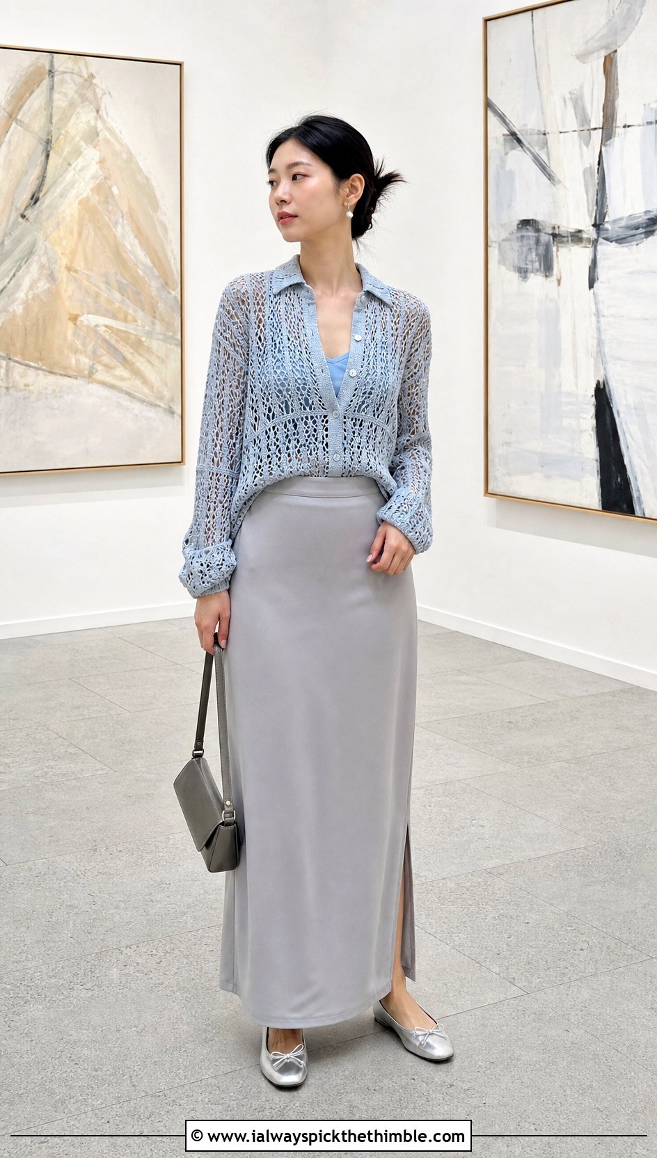 Icy Blue Sheer Stussy Crochet Shirt With Column Skirt - 15 stussy crochet shirt outfit ideas
