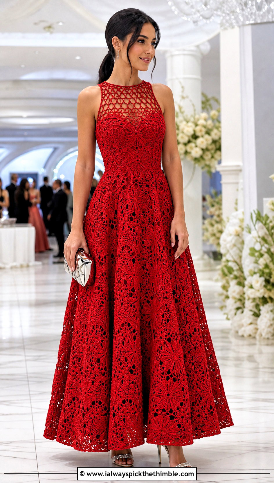 Illusion Neck Crochet Ball Gown Dress With Crystal Heels - 20 crochet ball gown dress outfit ideas