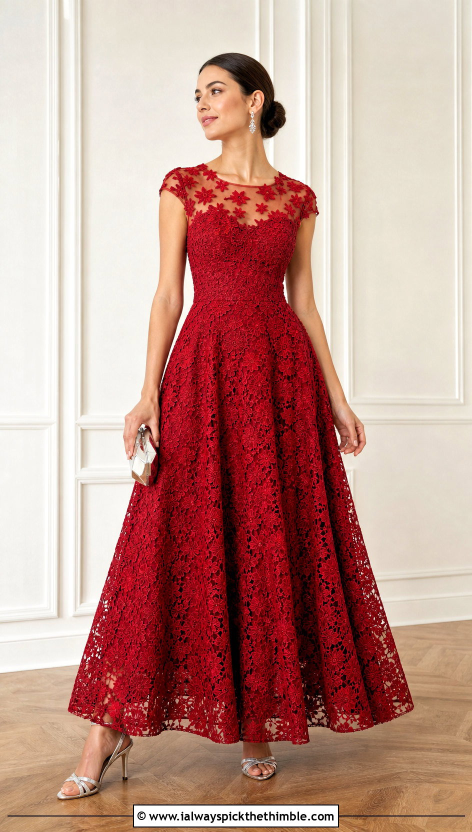 Illusion Neck Crochet Ball Gown With Silver Accessories - 20 Crochet Ball Gown outfit ideas