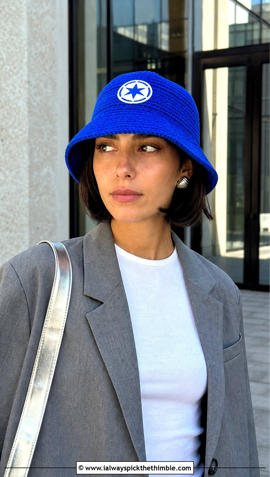 Imperial Logo Crochet Bucket Hat With Blazer And Jeans - 15 Star Wars Crochet Hat outfit ideas