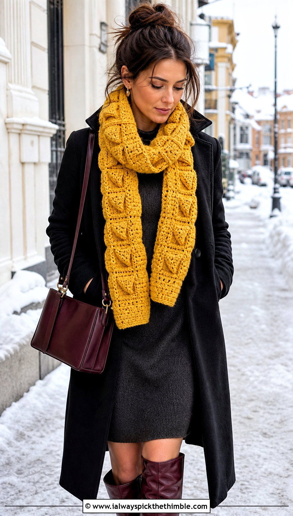 Inari Crochet Sushi Scarf With Sweater Dress - 20 crochet sushi scarf outfit ideas
