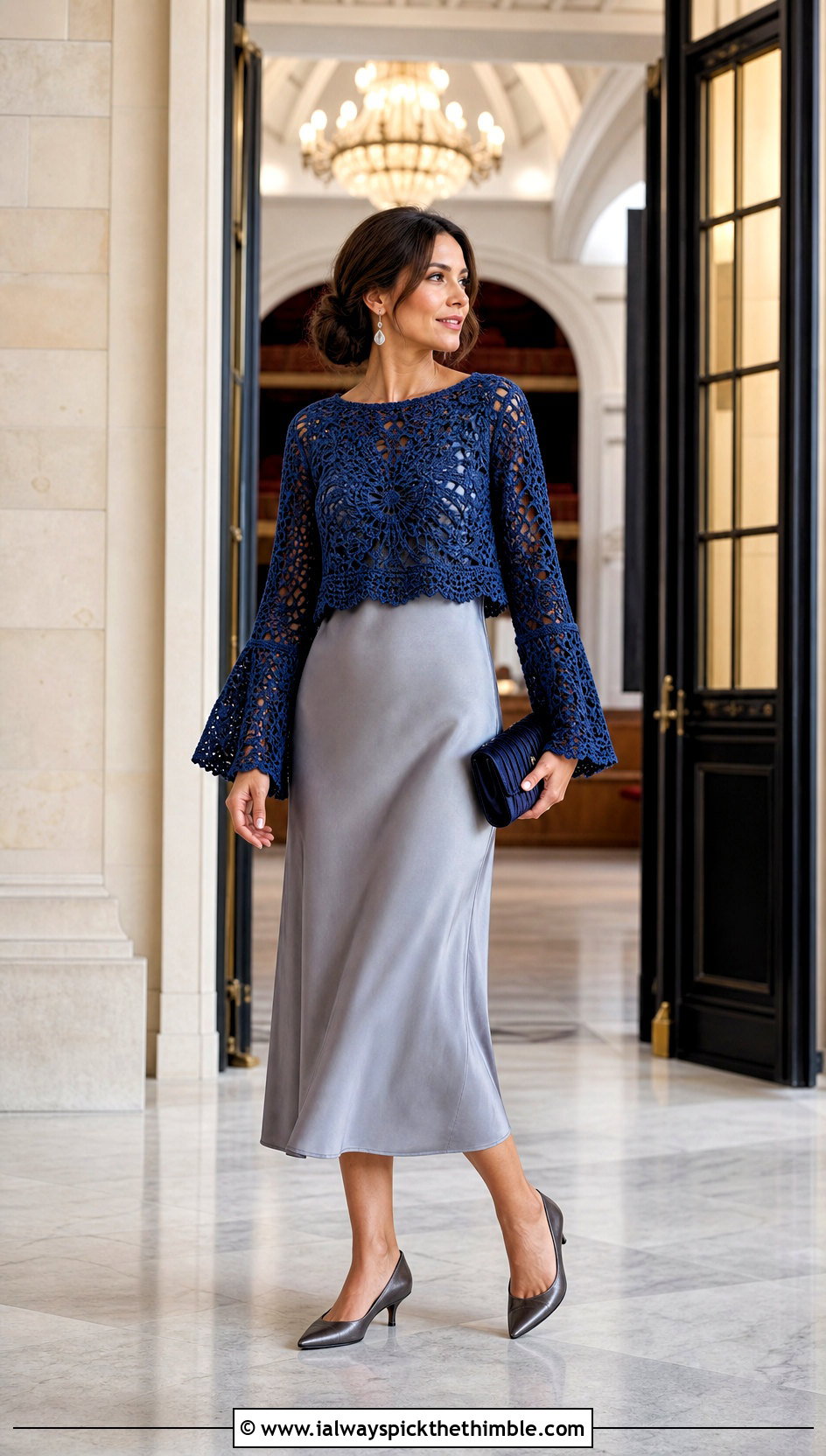 Indigo Bell Sleeve Crochet Blouse Over a Slip Dress - 15 Blue Crochet Blouse Design outfit ideas