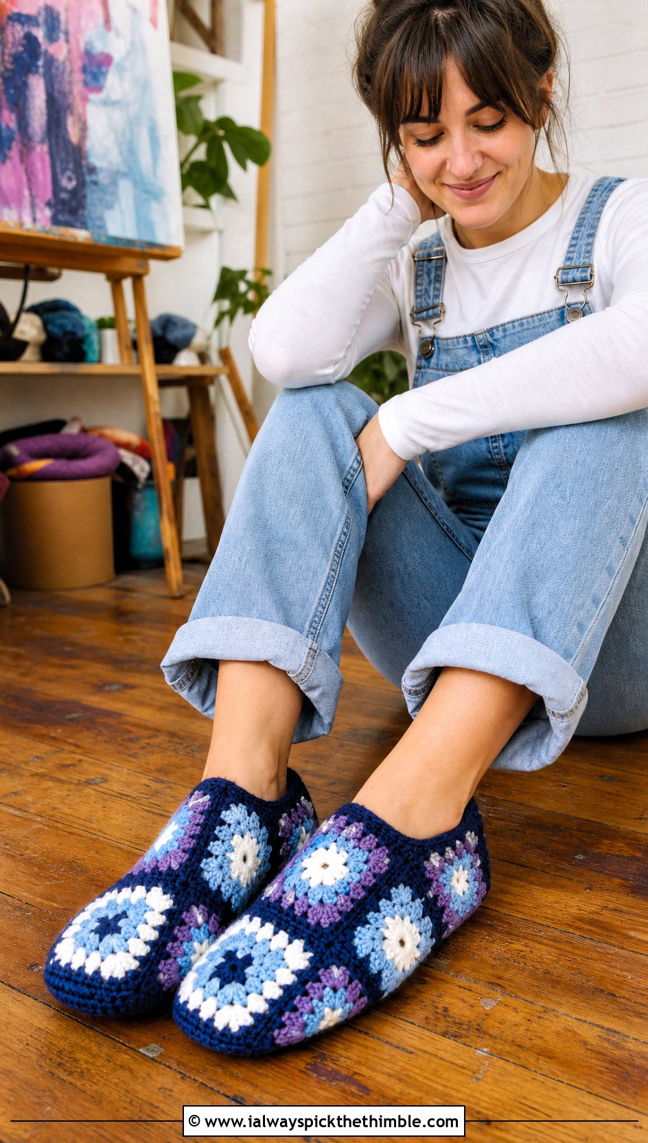 Indigo Granny Square Crochet Slippers With Overalls - 15 blue crocheted slippers on wooden floor outfit ideas