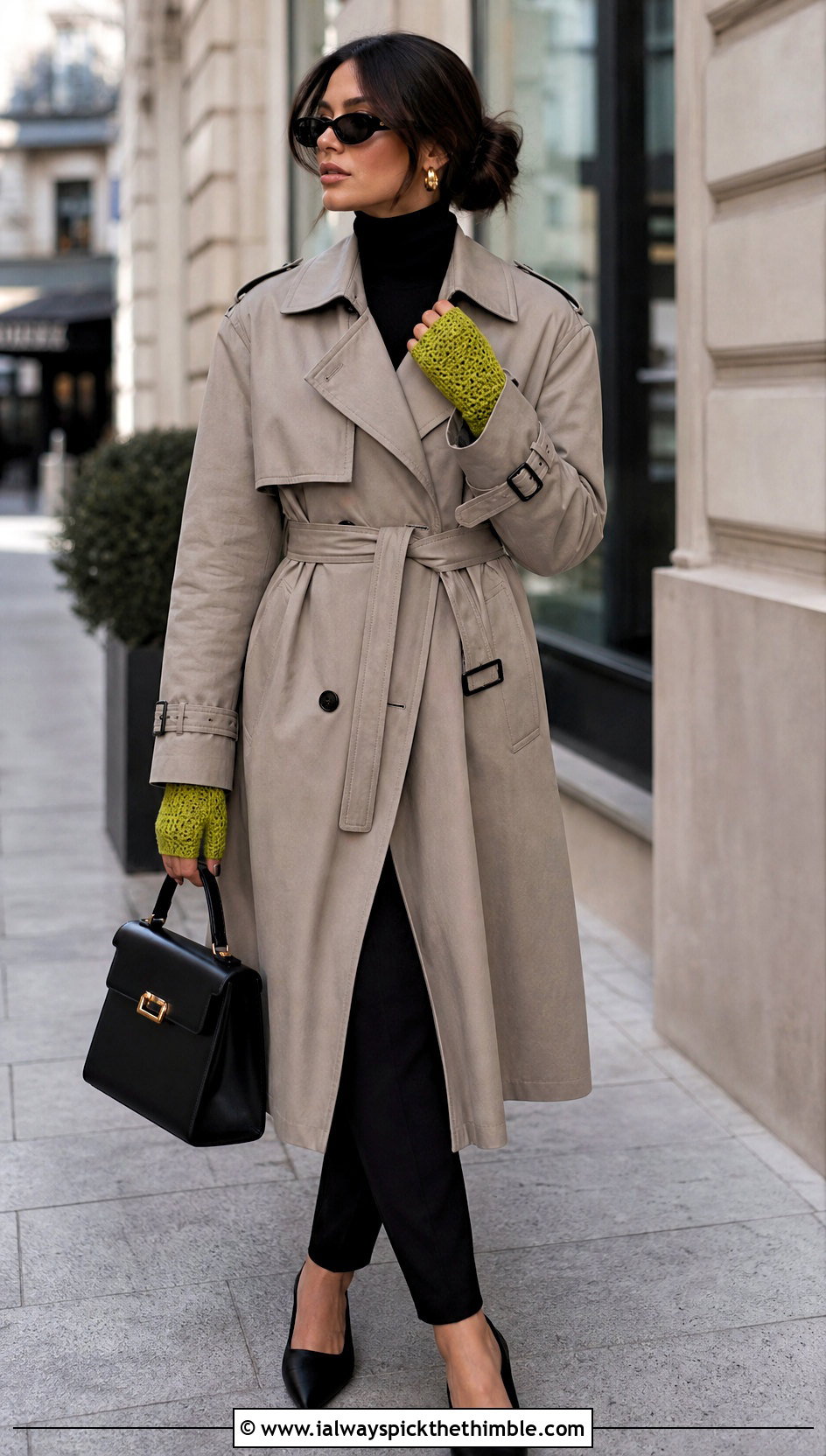 Individual Finger Hole Crocheted Gloves With Trench Coat And Loafers - 20 crocheted fingerless gloves outfit ideas
