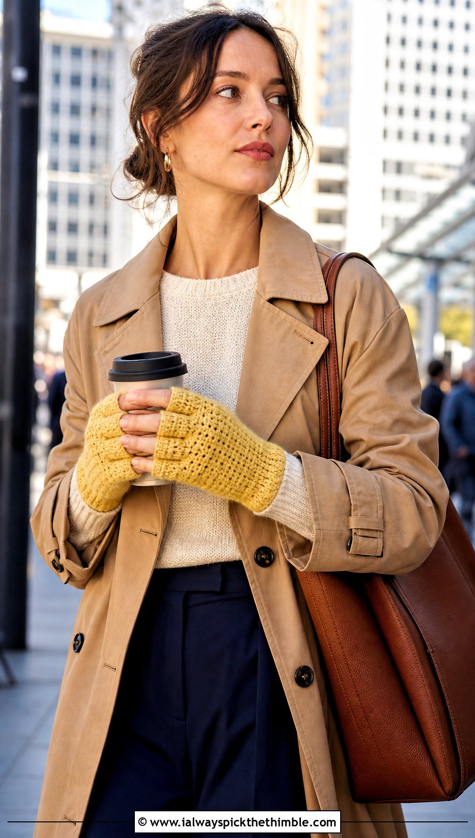 Individual Finger Tipless Gloves With Trench Coat And Trousers - 15 Crochet Tipless Gloves outfit ideas