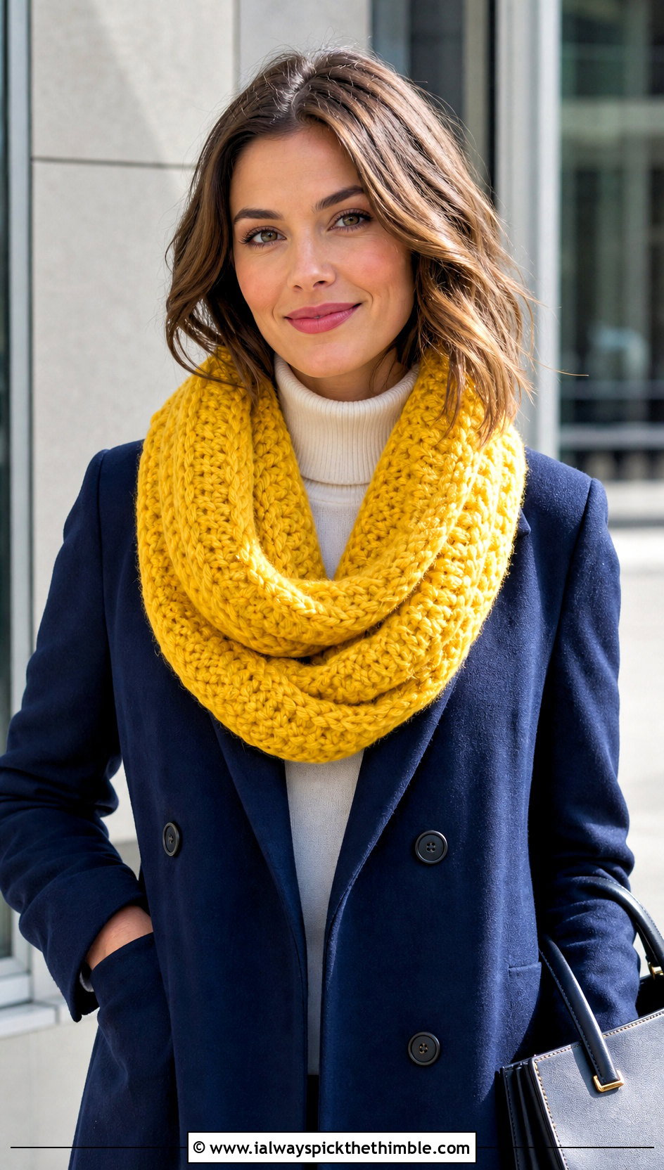 Infinity Bulky Yarn Crochet Scarf With Tailored Wool Coat - 20 bulky yarn crochet scarf outfit ideas