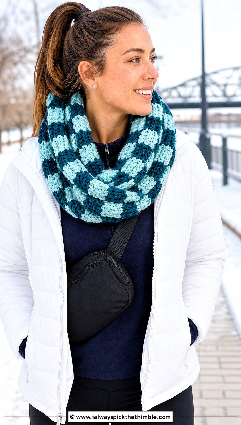 Infinity Checkered Crochet Scarf With Puffer Jacket - 20 Checkered Crochet Scarf outfit ideas