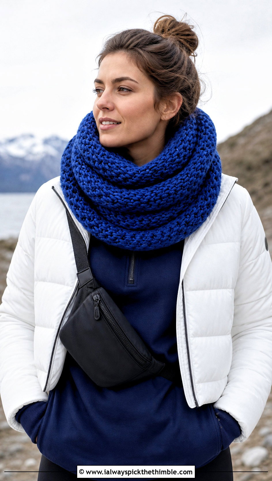 Infinity Chunky Crochet Scarf With Puffer Jacket - 25 chunky crochet scarf outfit ideas