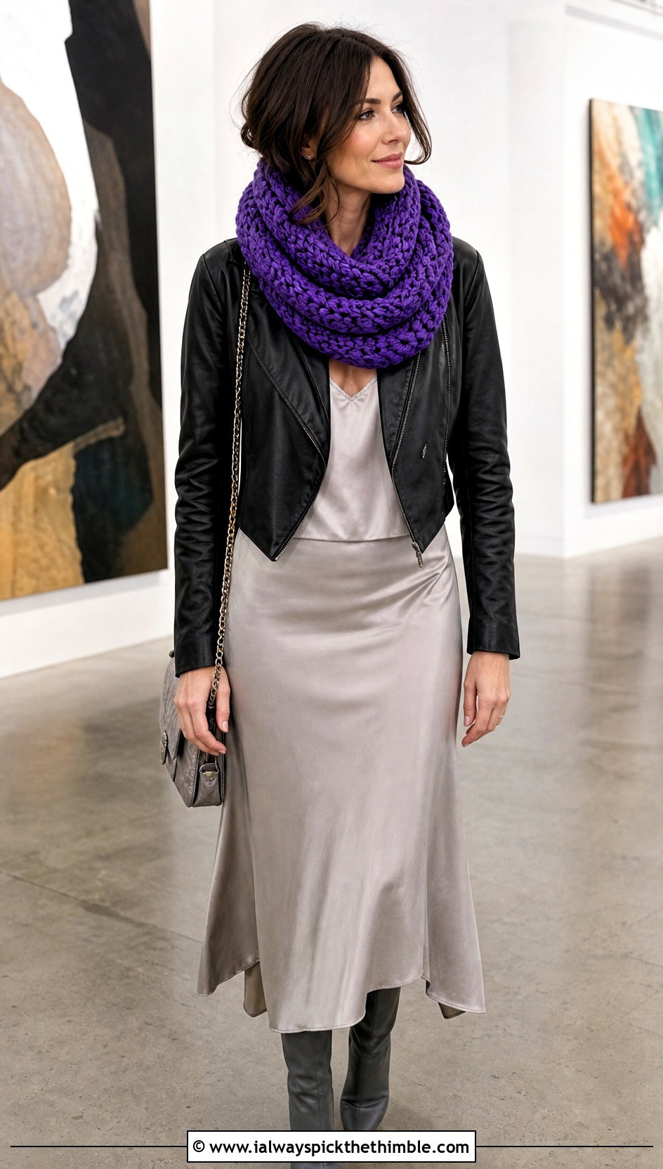 Infinity Chunky Yarn Crochet Cowl With Leather Jacket And Satin Skirt - 20 Chunky Yarn Crochet Cowl outfit ideas
