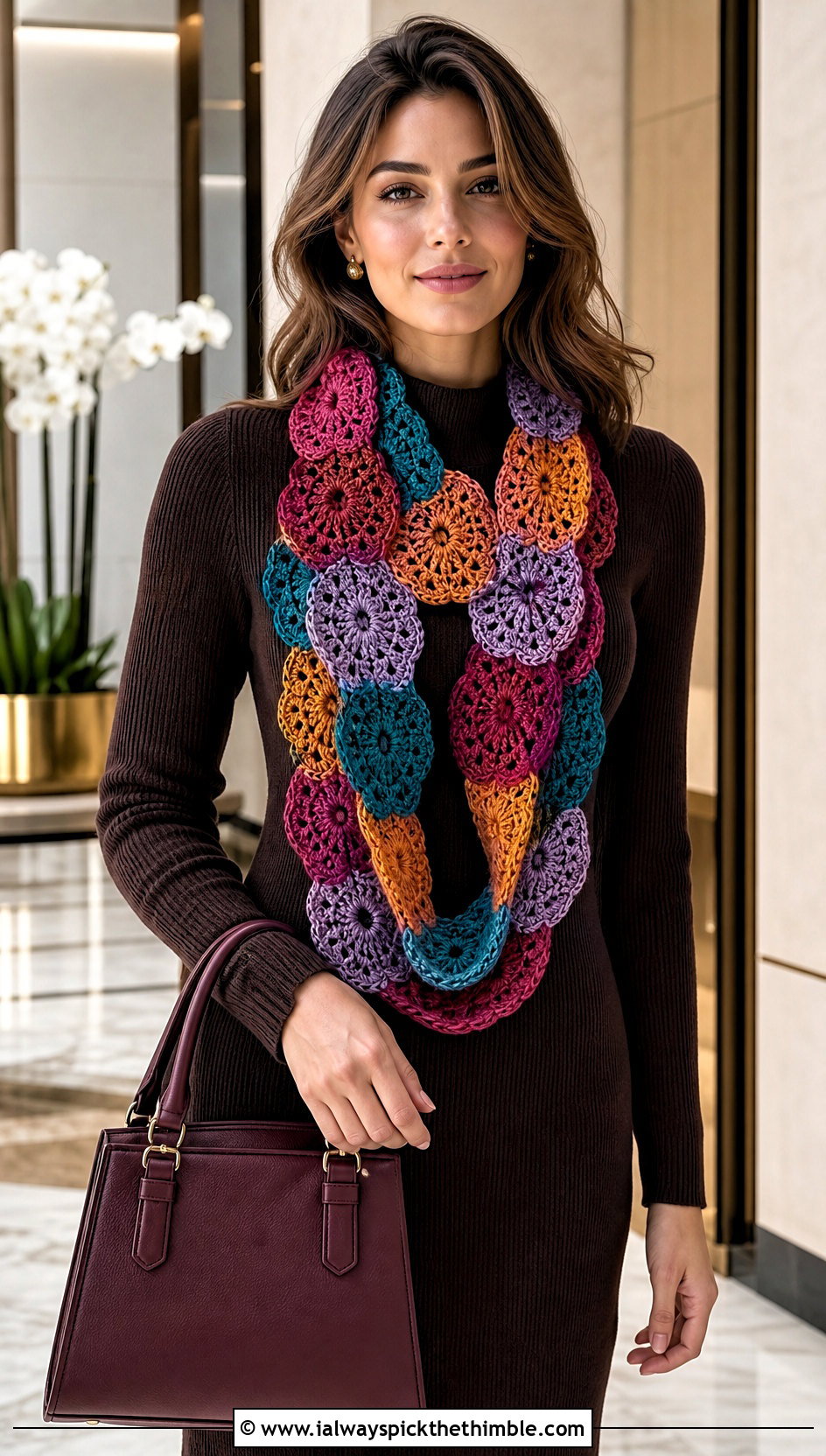 Infinity Circle Motif Crochet Scarf With Knit Dress And Loafers - 15 crochet scarf with colorful circles outfit ideas
