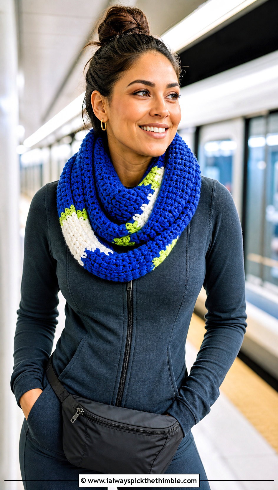 Infinity Crayon Scarf With Athleisure Set - 15 Crochet Crayon Scarf outfit ideas