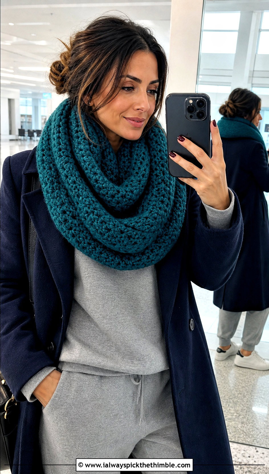 Infinity Crochet Cashmere Scarf With Matching Sweatsuit - 20 crochet cashmere scarf outfit ideas