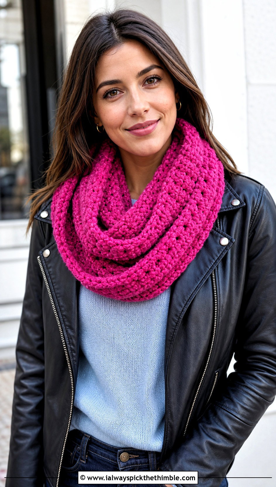 Infinity Crochet Chenille Scarf With Leather Jacket - 20 crochet chenille scarf outfit ideas