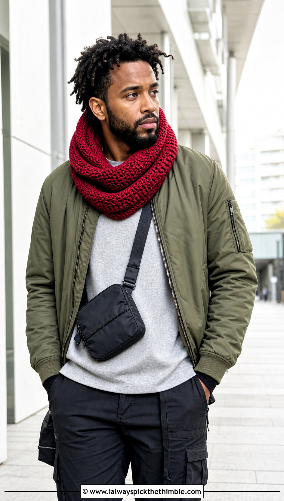 Infinity Crochet Cowl With Bomber Jacket - 20 Men Crochet Cowl outfit ideas
