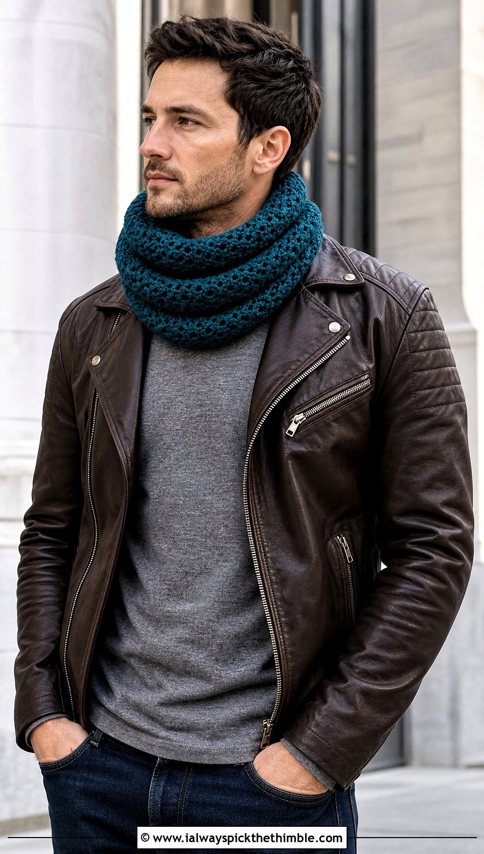 Infinity Crochet Cowl With Leather Jacket - 20 crochet cowl for men outfit ideas