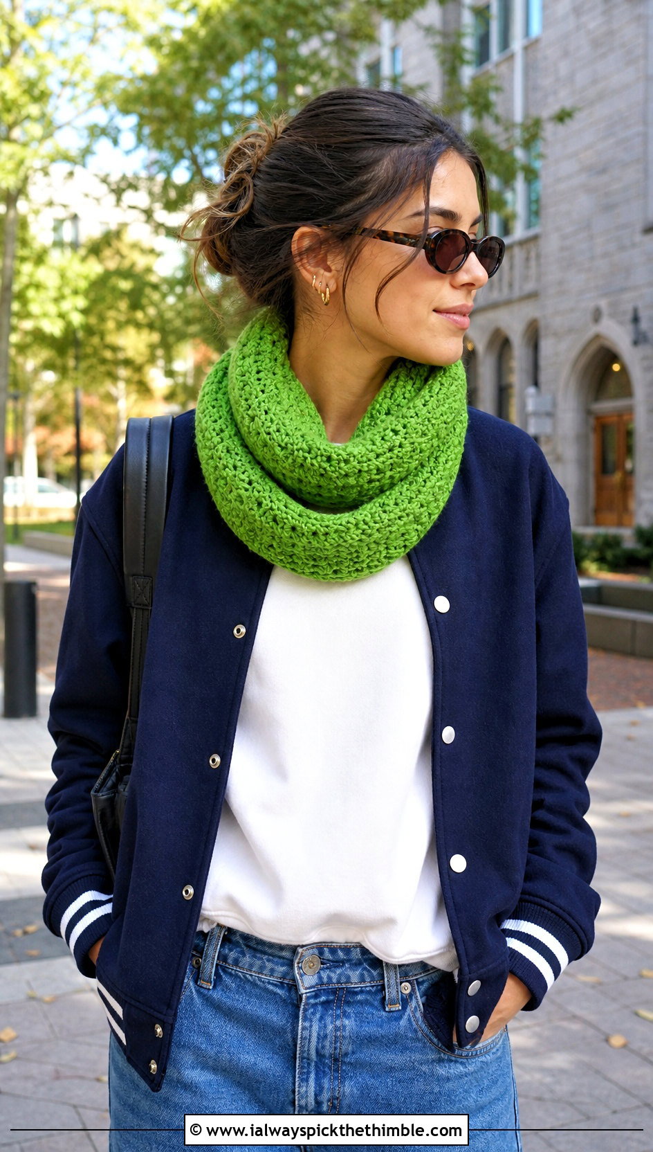 Infinity Crochet Cowl With Varsity Jacket - 15 Crochet For Cowl Scarf outfit ideas