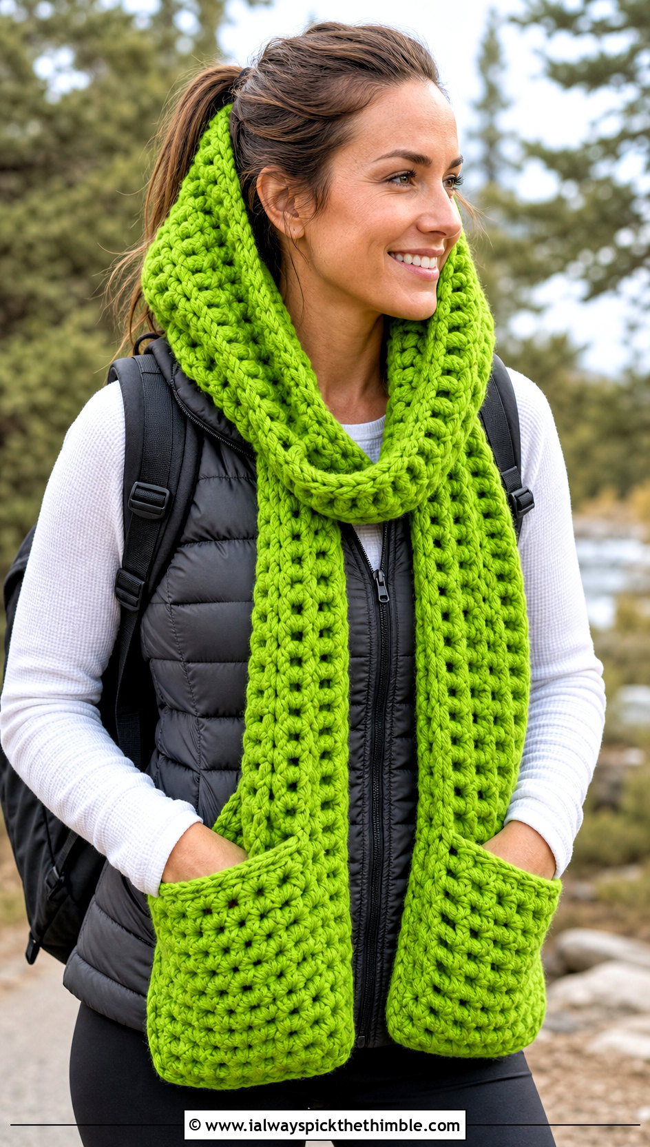 Infinity Crochet Hooded Pocket Scarf With Puffer Vest - 20 crochet hooded pocket scarf outfit ideas