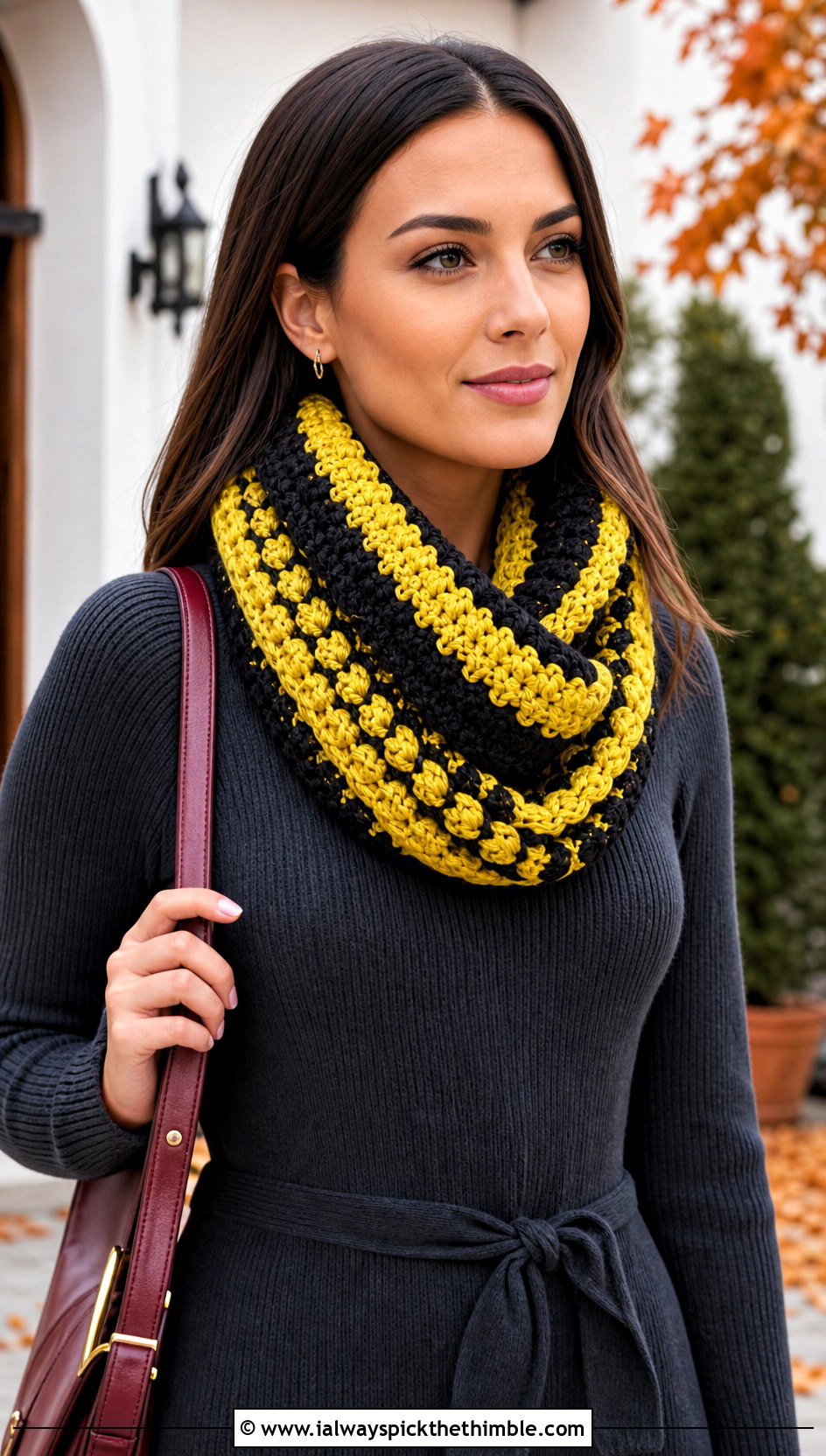 Infinity Crochet Hufflepuff Scarf With Sweater Dress - 20 crochet hufflepuff scarf outfit ideas