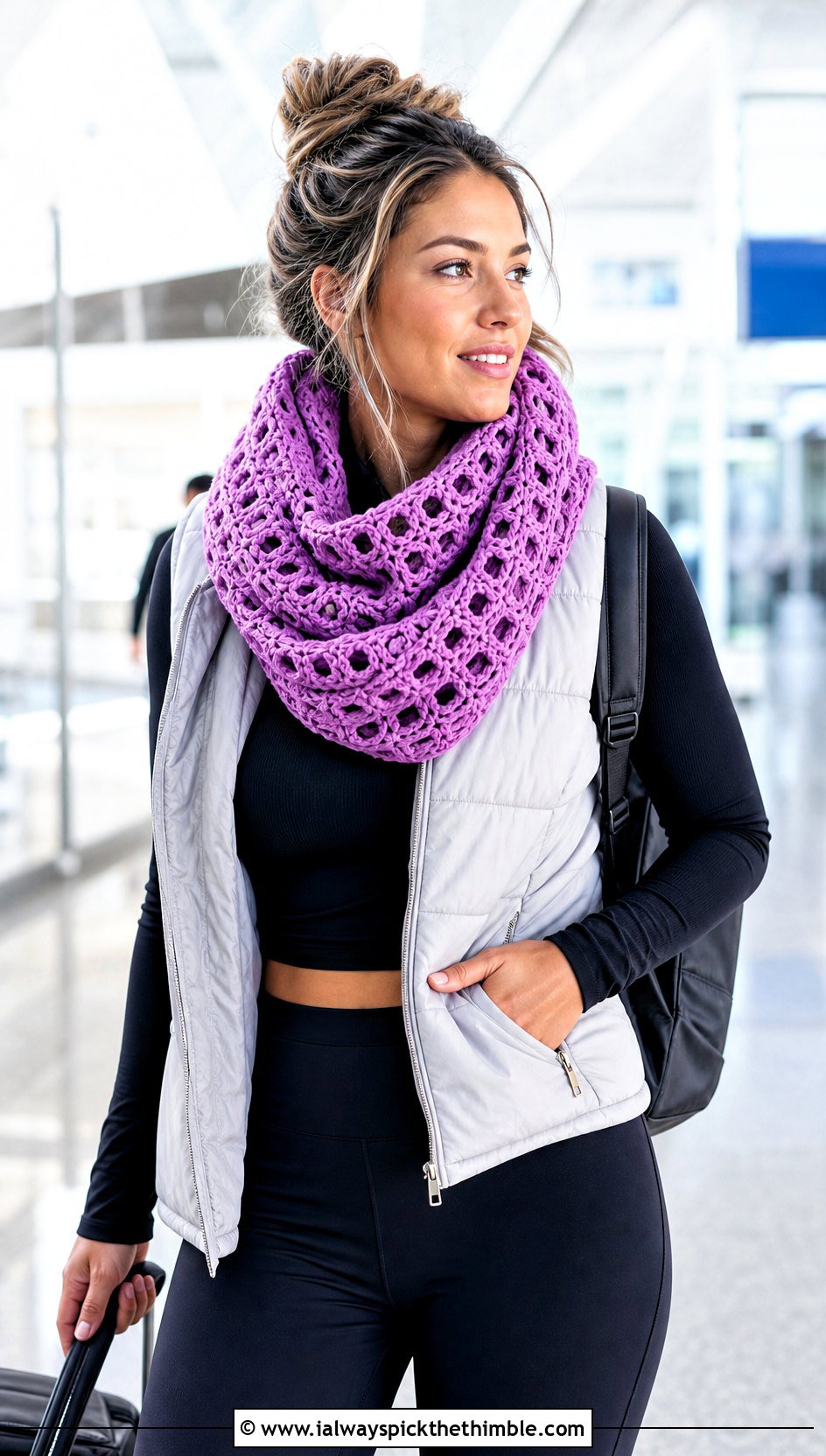 Infinity Crochet Lace Scarf With Puffer Vest And Leggings - 25 crochet lace scarf outfit ideas