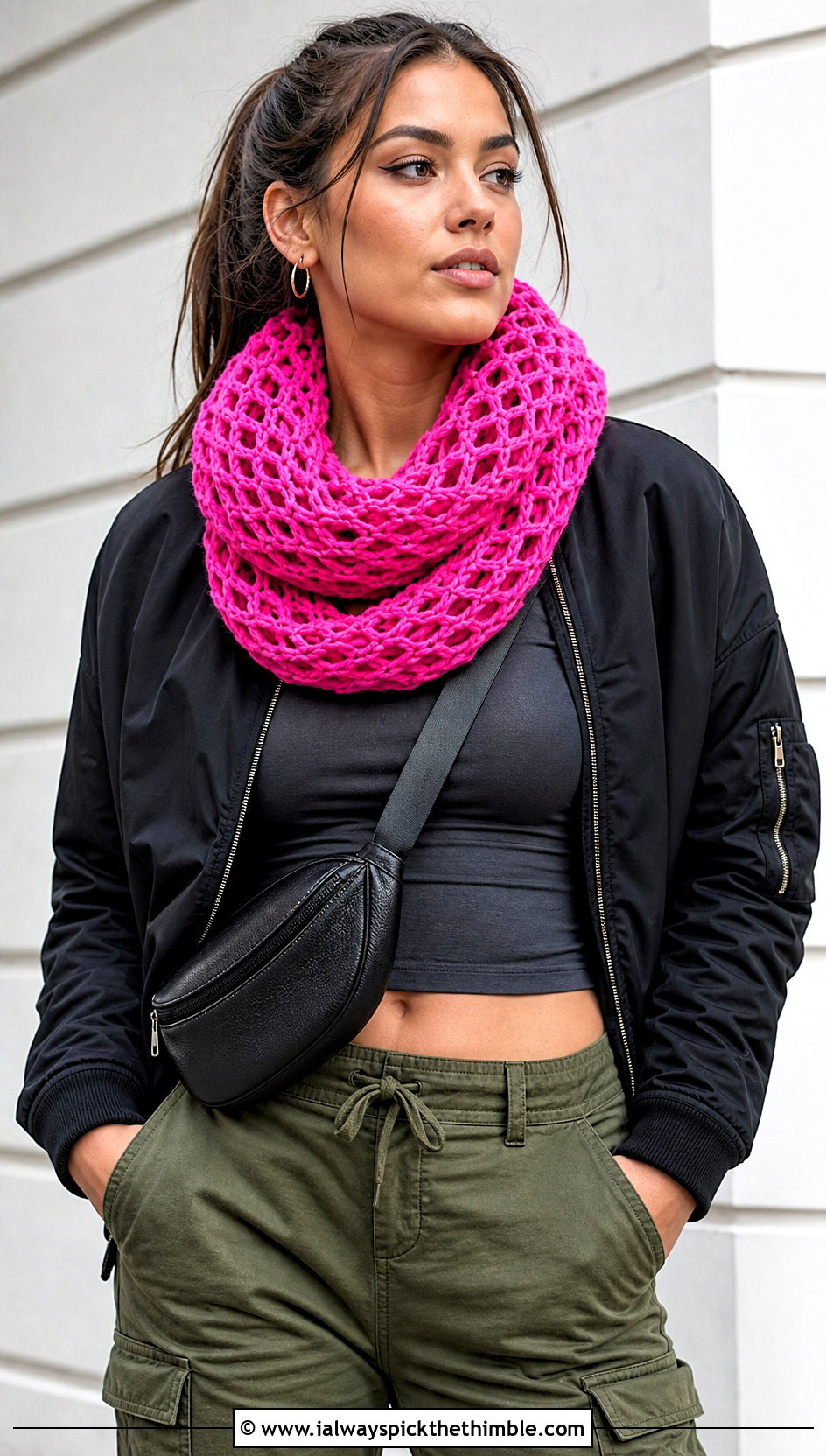 Infinity Crochet Mesh Scarf With Bomber Jacket And Cargo Pants - 20 Crochet Mesh Scarf outfit ideas
