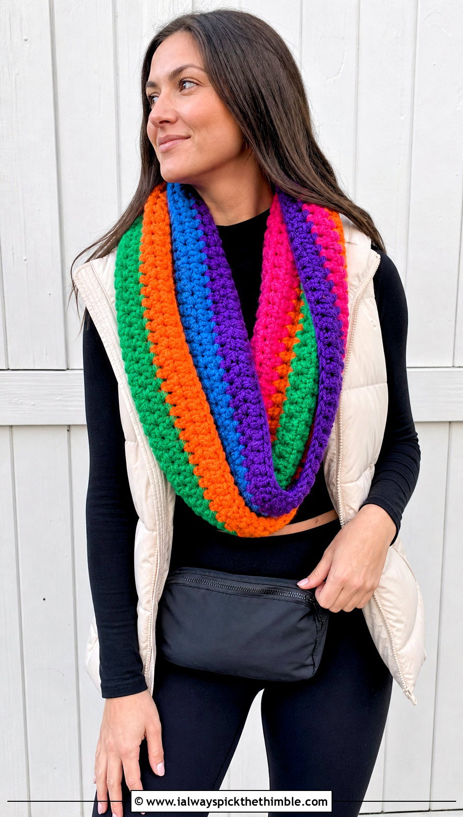 Infinity Crochet Rainbow Scarf With Puffer Vest And Leggings - 15 Crochet Rainbow Scarf outfit ideas