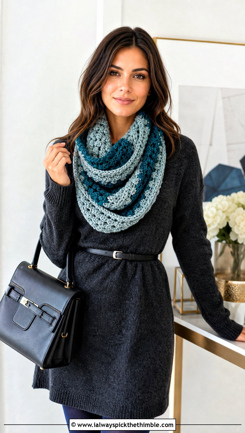 Infinity Crochet Ravenclaw Scarf With Sweater Dress - 25 crochet ravenclaw scarf outfit ideas