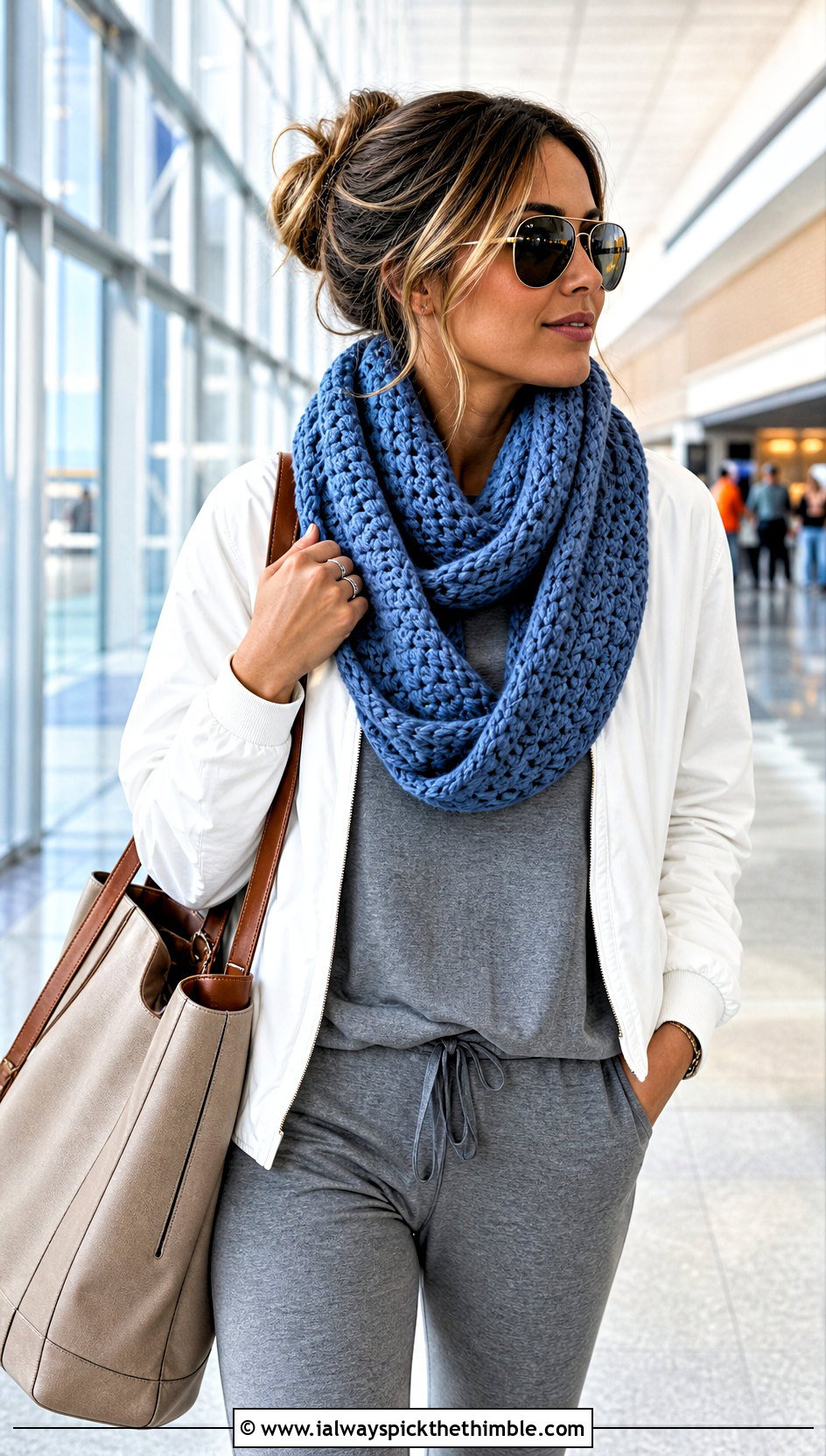 Infinity Crochet Scarf With Airport Lounge Set - 20 wanderlust crochet scarf outfit ideas