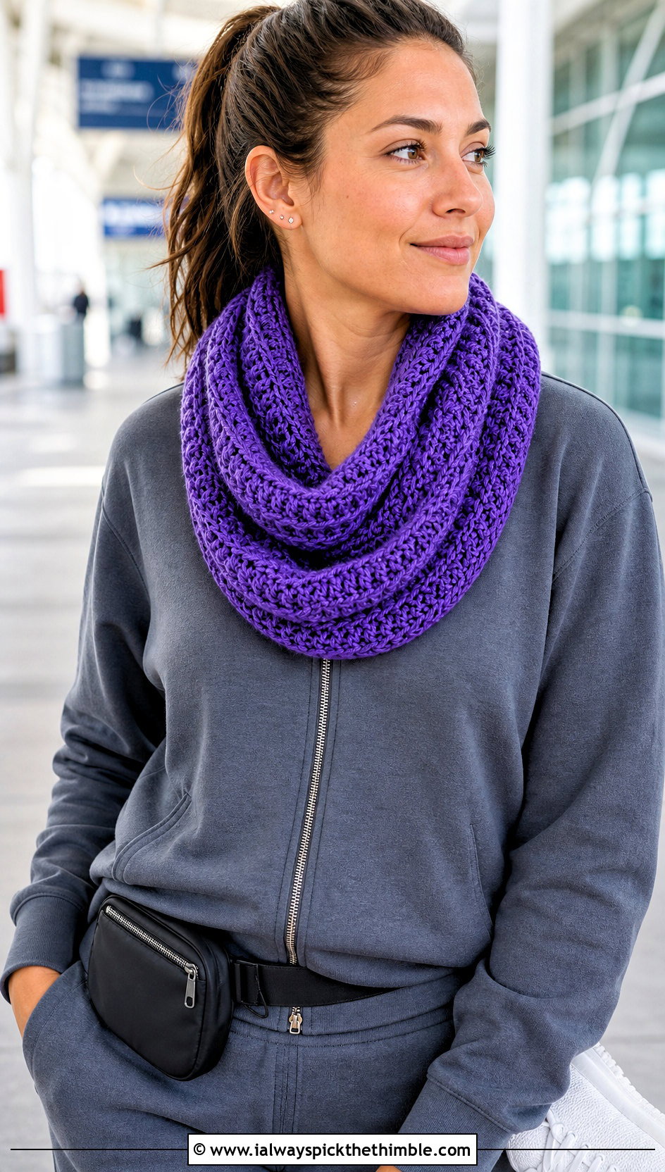 Infinity Crochet Scarf With Athleisure Set - 20 Beginner Crochet Projects Scarf outfit ideas