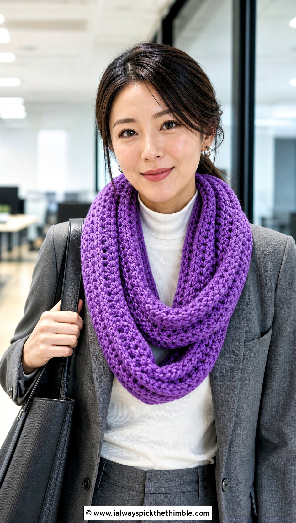 Infinity Crochet Scarf With Blazer And Trousers - 20 Crochet Scarf Worsted Weight Yarn outfit ideas