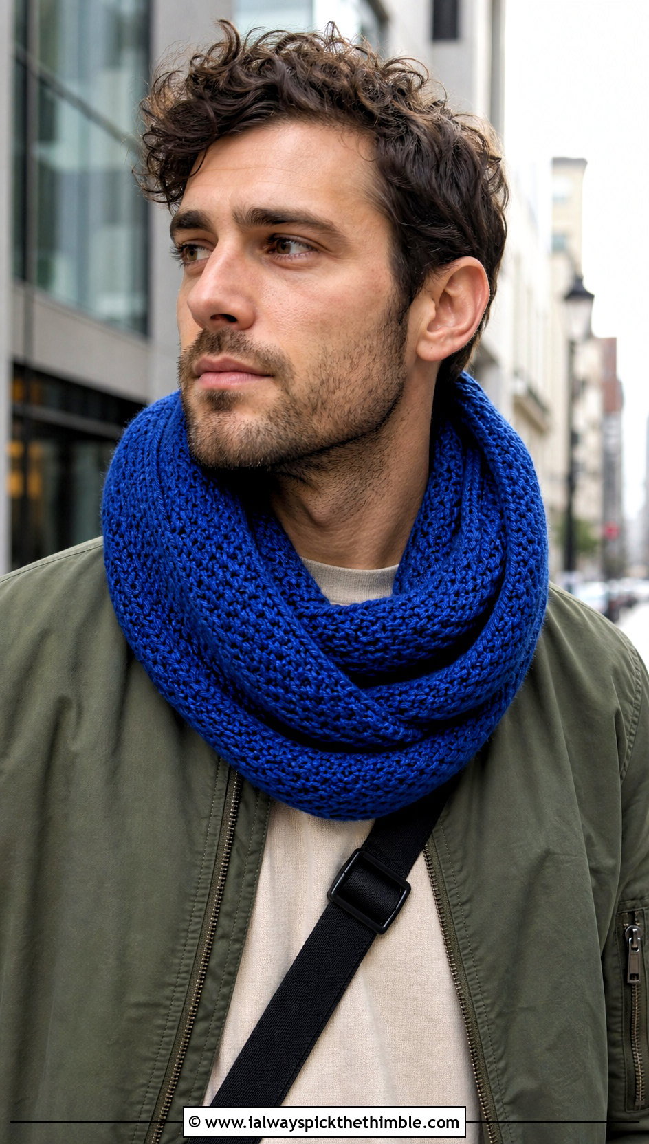 Infinity Crochet Scarf With Bomber Jacket - 25 men crochet scarf outfit ideas