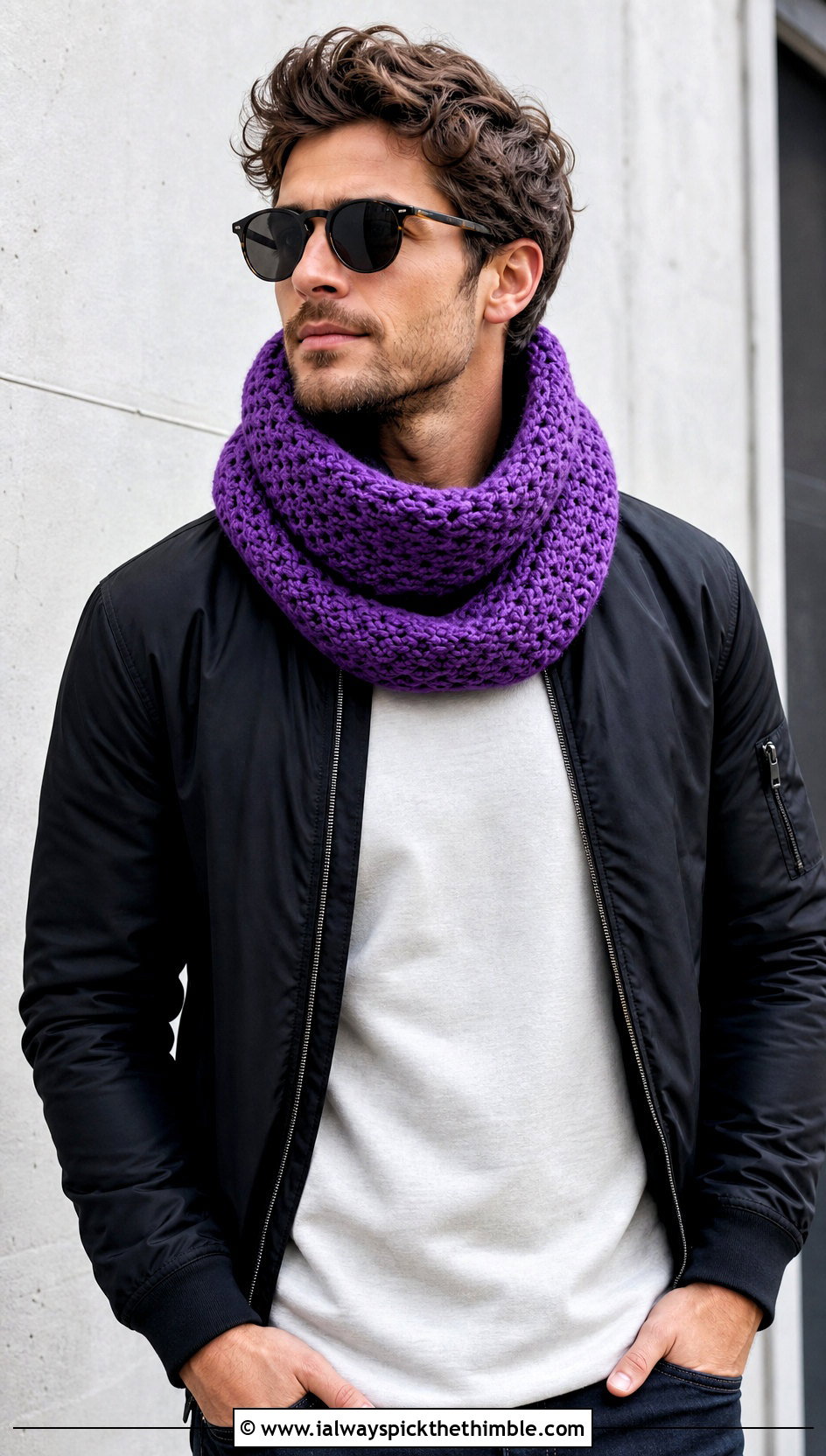 Infinity Crochet Scarf With Bomber Jacket - 20 easy crochet scarf men outfit ideas
