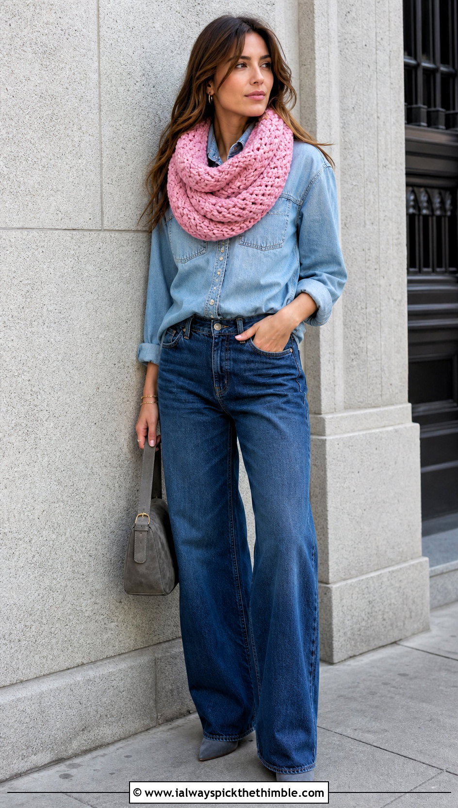 Infinity Crochet Scarf With Double Denim - 20 denim and crochet scarf outfit ideas