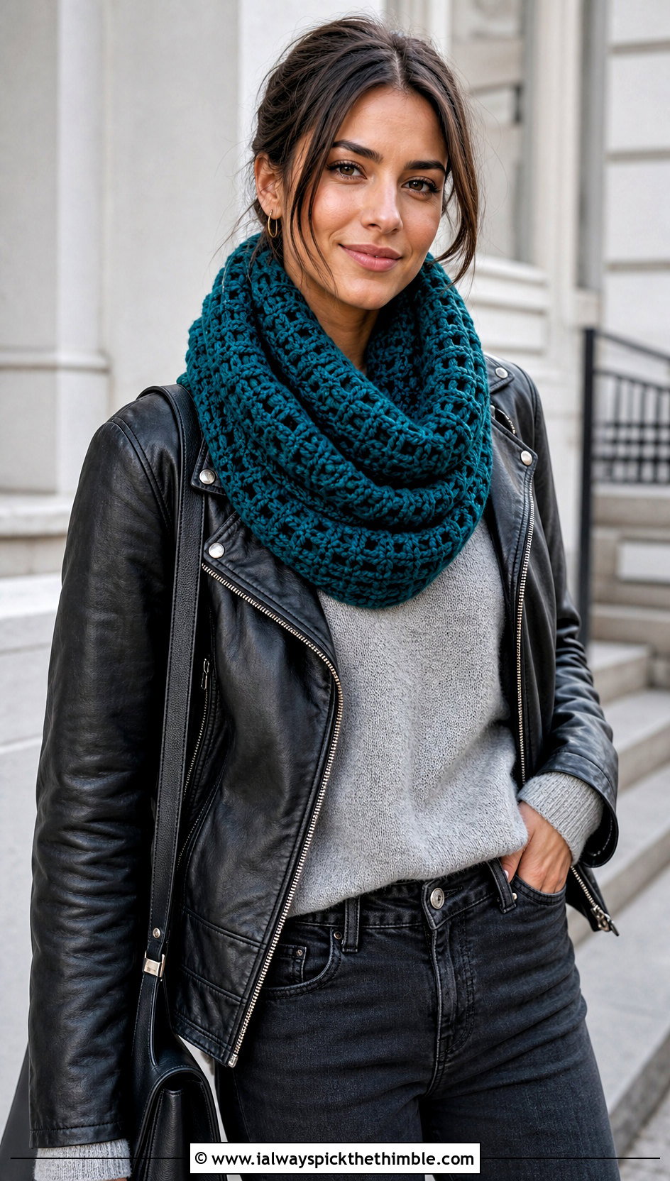 Infinity Crochet Scarf With Leather Jacket And Black Jeans - 15 Winter Crochet Scarf Design outfit ideas