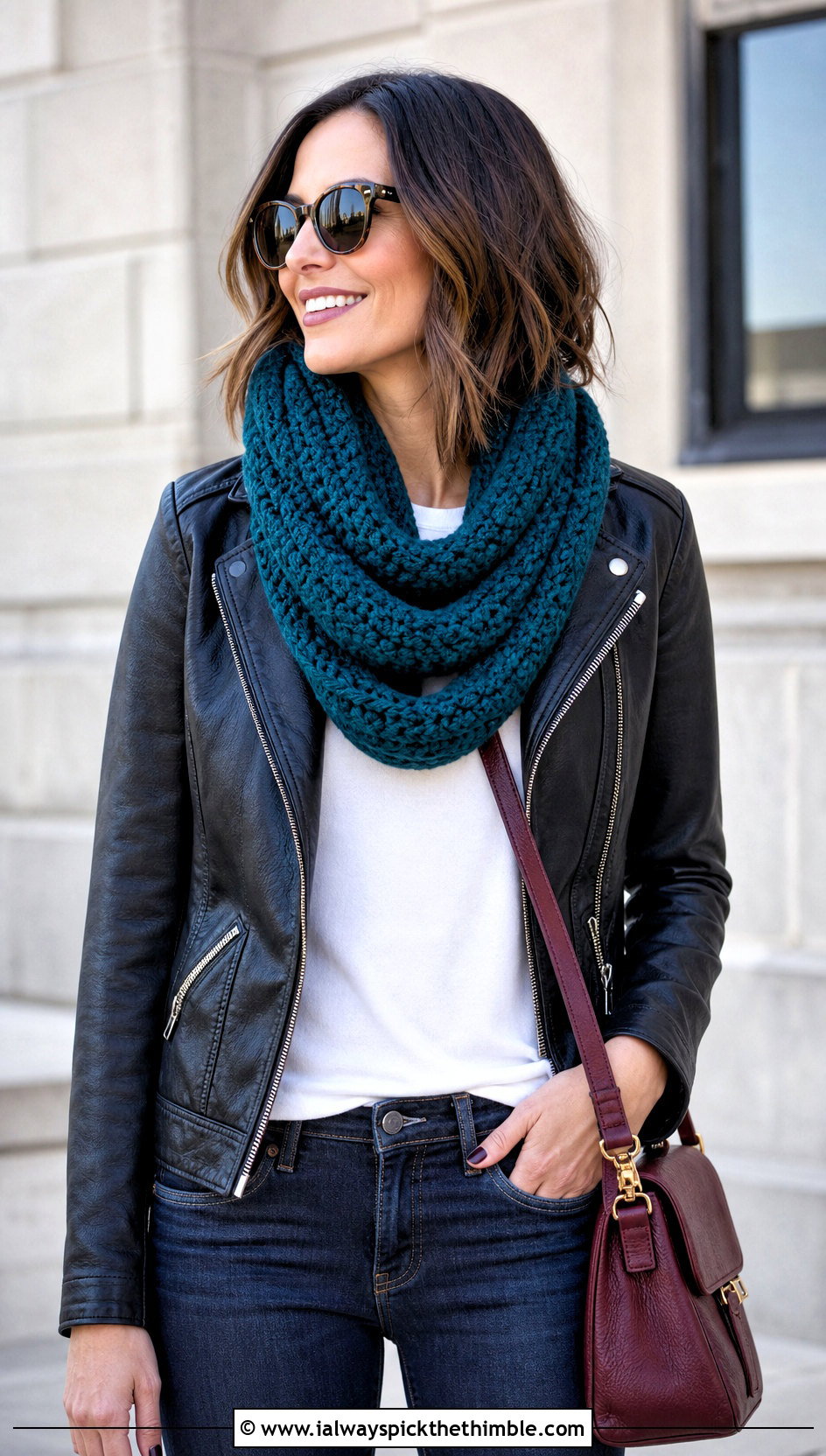Infinity Crochet Scarf With Leather Jacket And Jeans - 15 elegant crochet scarf design outfit ideas