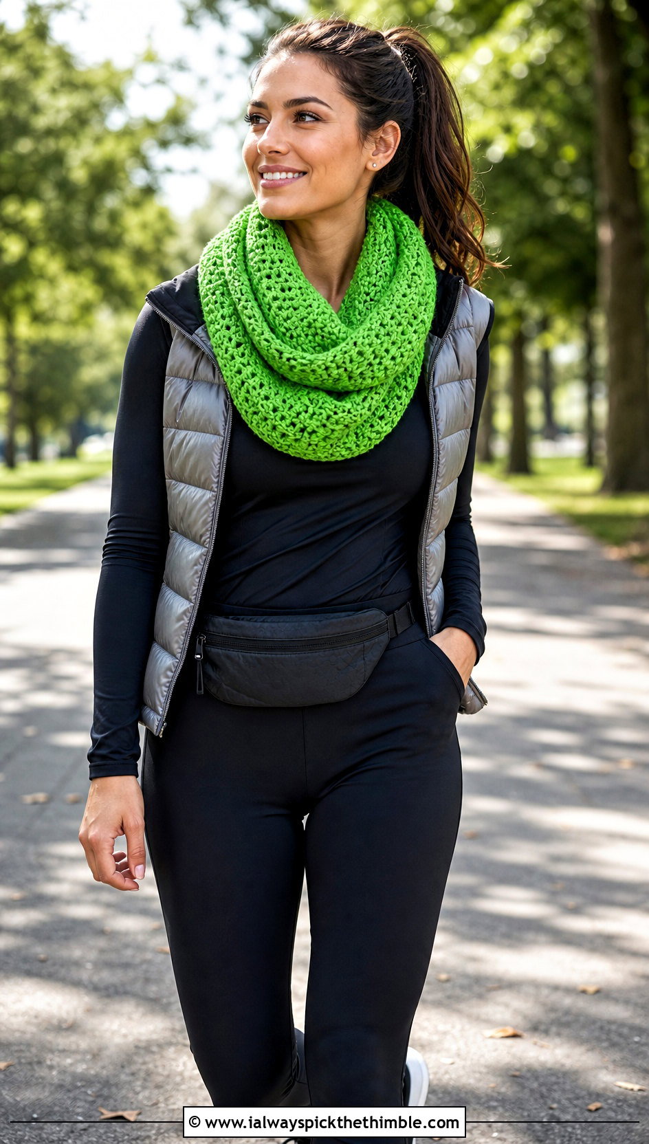 Infinity Crochet Scarf With Leggings And Puffer Vest - 25 fun crochet scarf outfit ideas