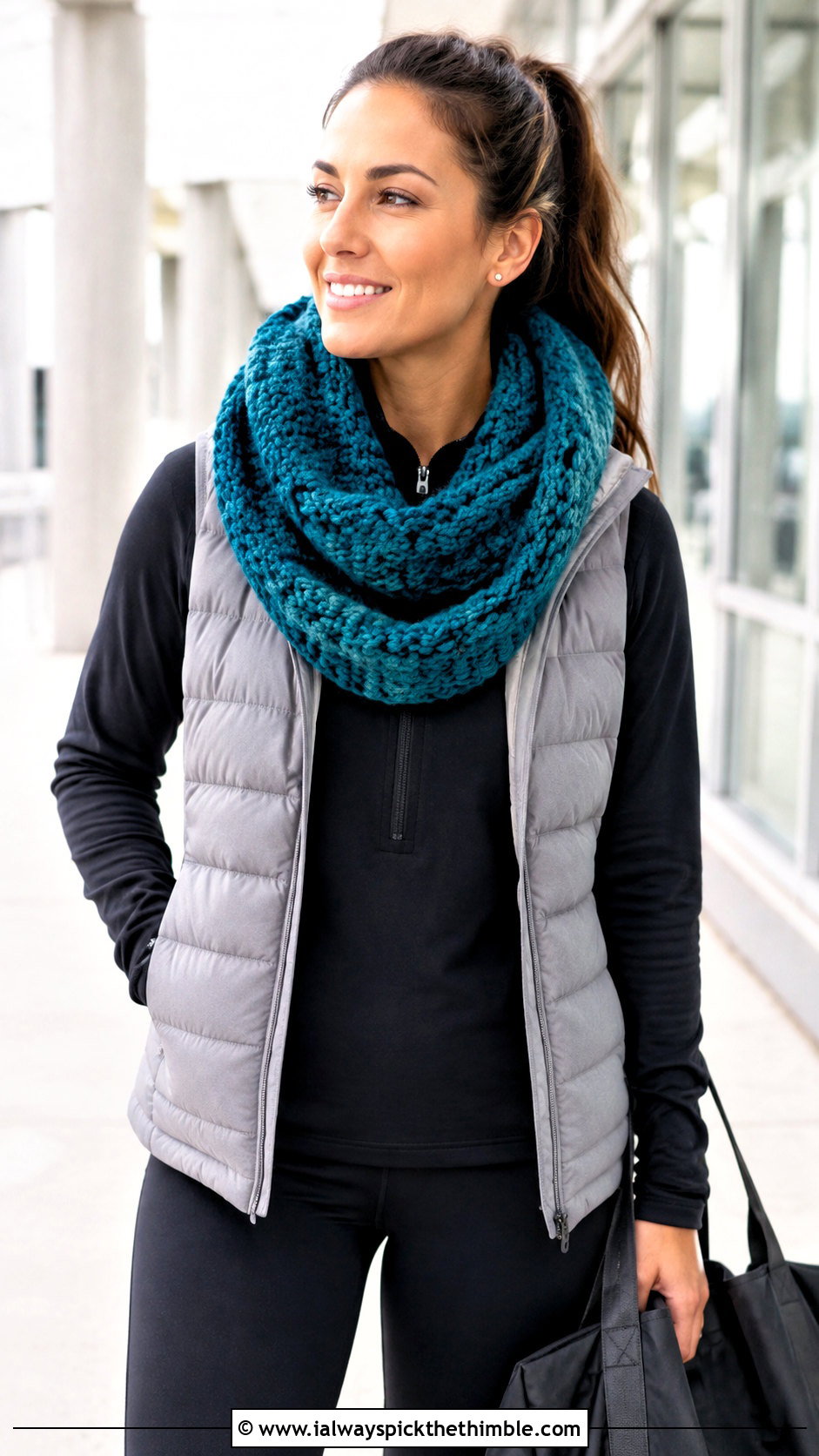 Infinity Crochet Scarf With Leggings And Puffer Vest - 25 easy crochet scarf for beginners outfit ideas