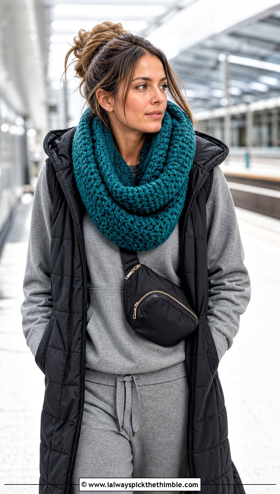 Infinity Crochet Scarf With Matching Tracksuit - 25 Winter Crochet Scarf outfit ideas