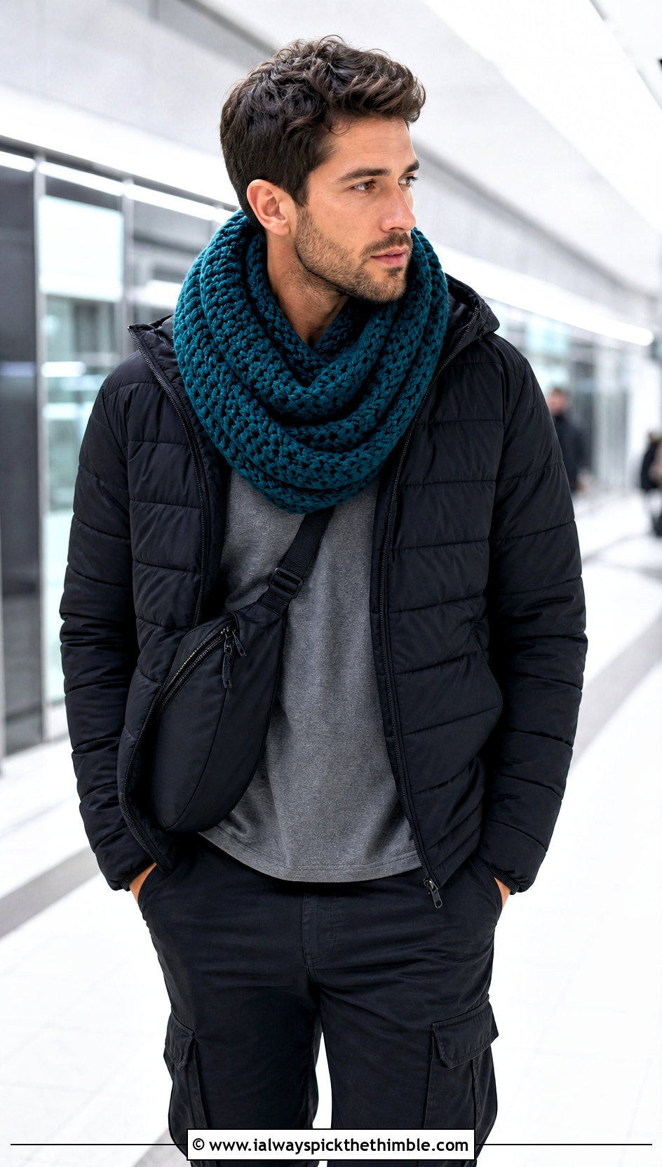 Infinity Crochet Scarf With Puffer Jacket - 20 male crochet scarf outfit ideas
