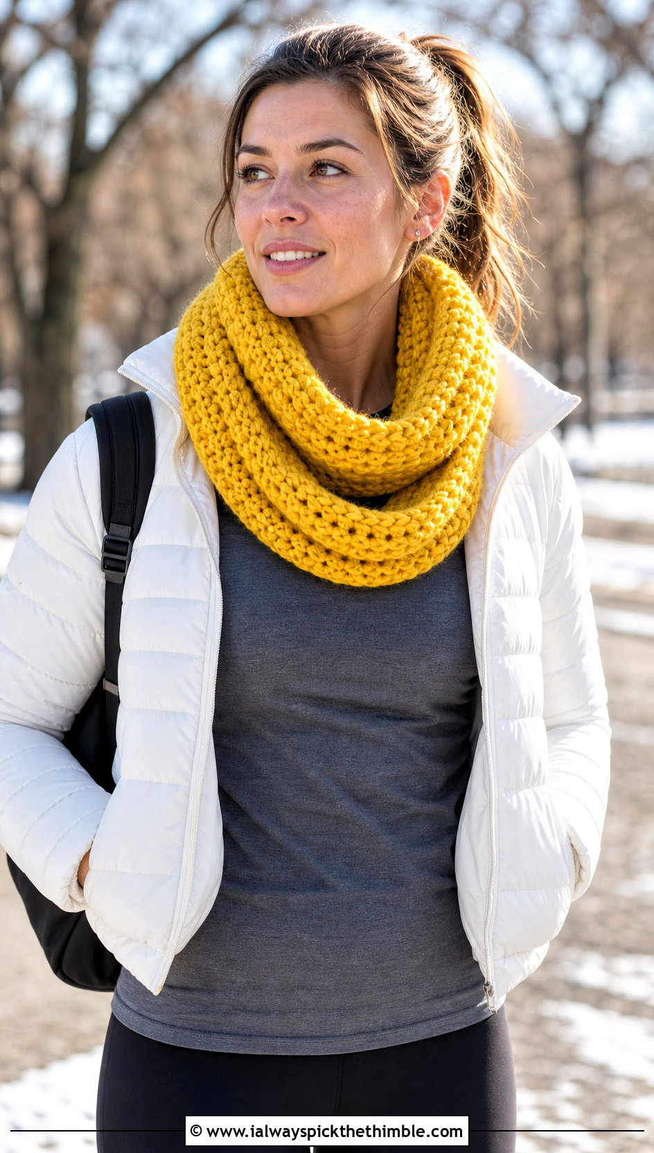 Infinity Crochet Scarf With Puffer Jacket - 20 Multifunctional Crochet Scarf outfit ideas