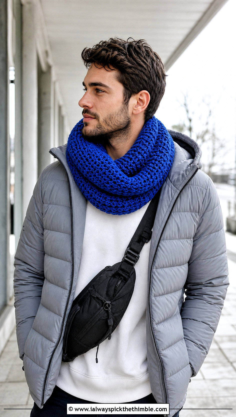 Infinity Crochet Scarf With Puffer Jacket - 25 crochet scarf for men outfit ideas