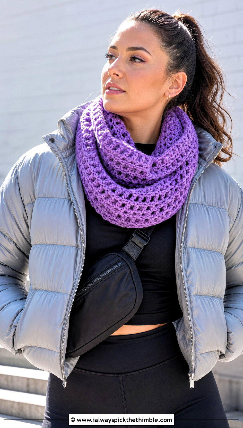 Infinity Crochet Scarf With Puffer Jacket And Leggings - 20 crochet for scarfs outfit ideas