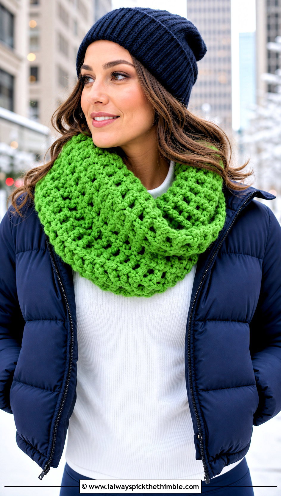 Infinity Crochet Scarf With Puffer Jacket - 20 crochet scarf design ideas